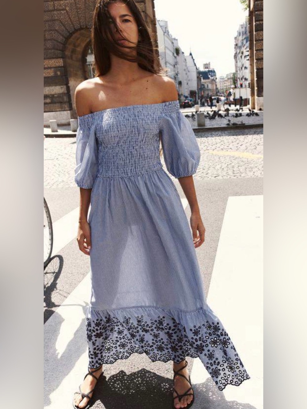 Zara Striped Puff-Sleeve Maxi Dress with Floral Hem - Blue